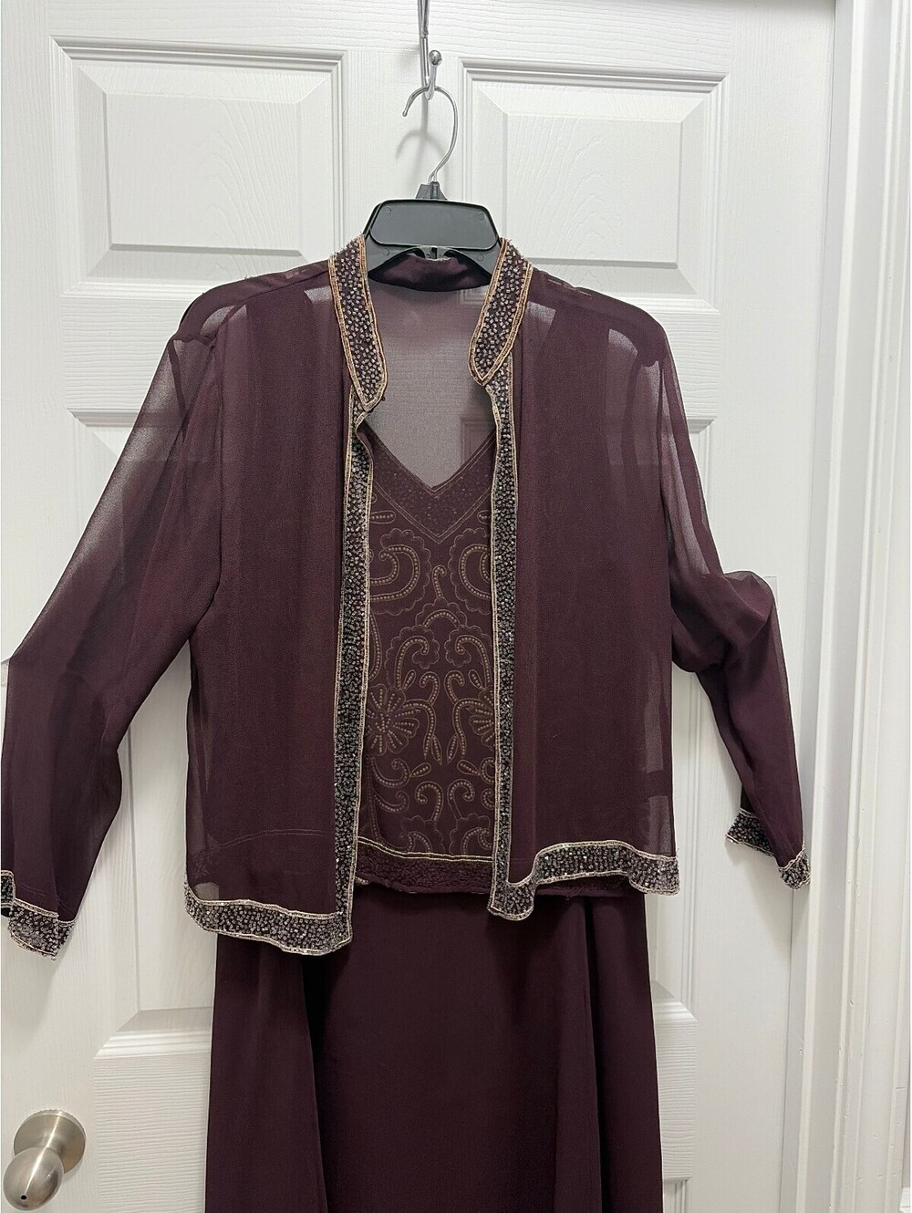 Elegant Beaded Burgundy Evening Dress with Sheer Jacket